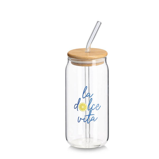 Verre à boire "la dolce vita" avec couvercle en bambou et paille en verre