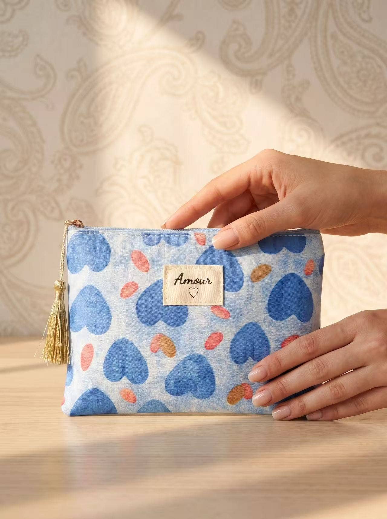 Pochette trousse de toilette 14x20 cm cœurs imprimés Amour : Rouge