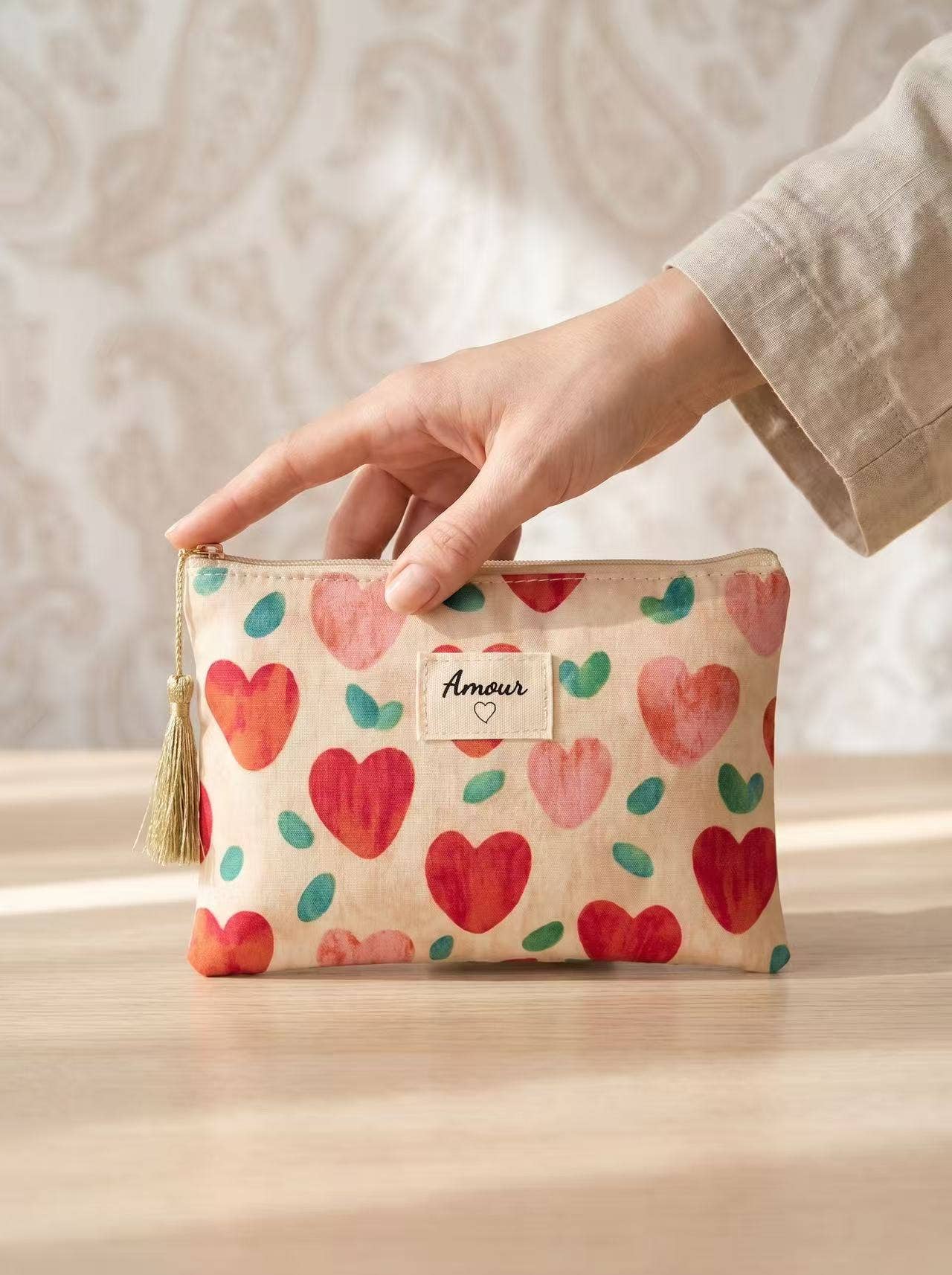 Pochette trousse de toilette 14x20 cm cœurs imprimés Amour : Rouge