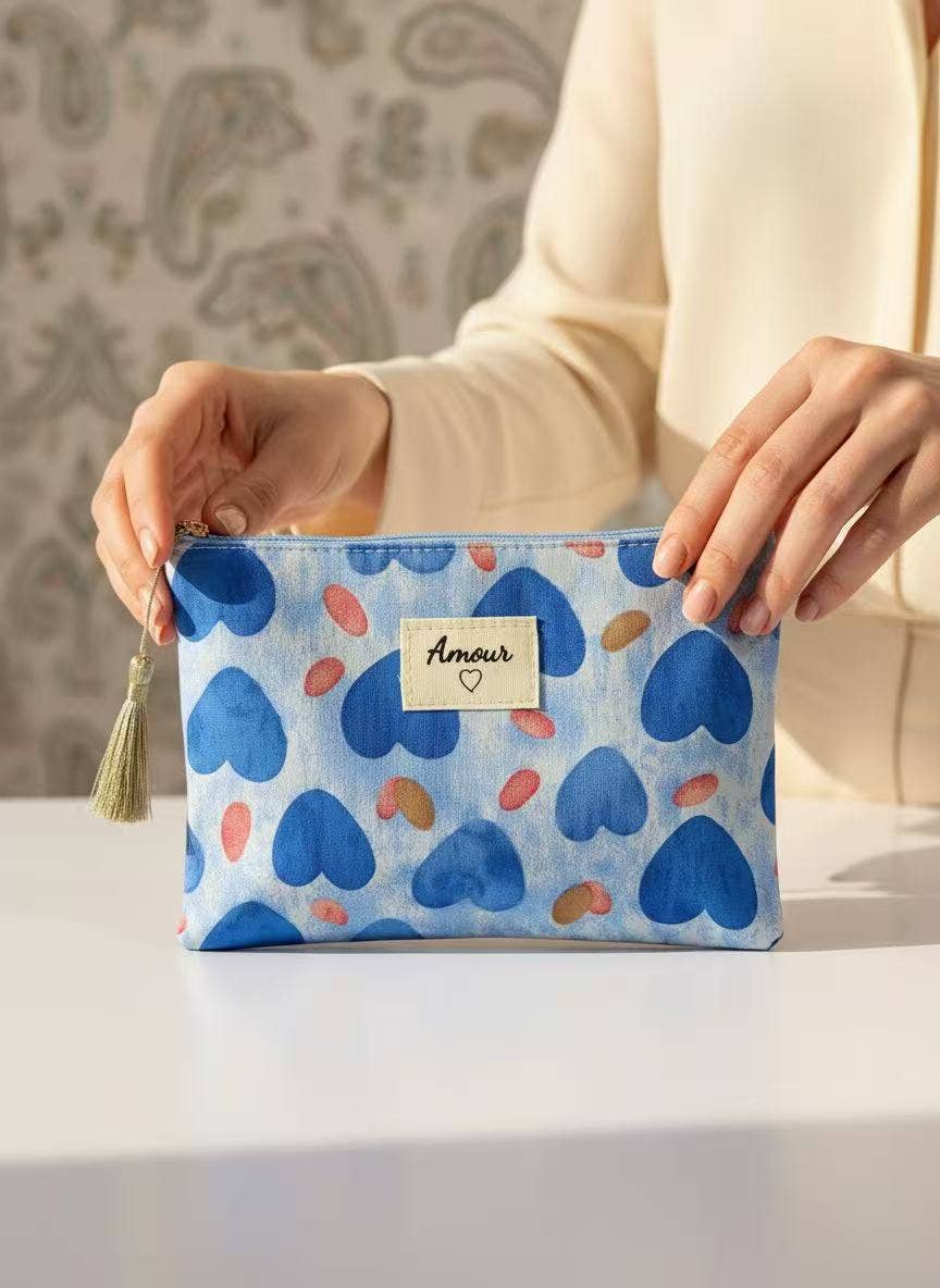 Pochette trousse de toilette 14x20 cm cœurs imprimés Amour : Rouge