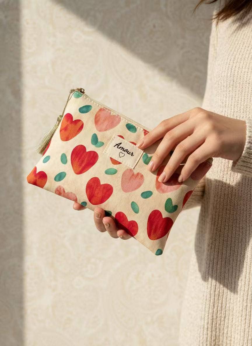 Pochette trousse de toilette 14x20 cm cœurs imprimés Amour : Rouge