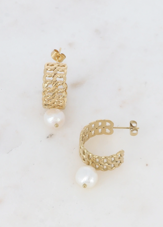 BO Créoles - anneau double maille - perle d'eau douce / Doré ou argenté