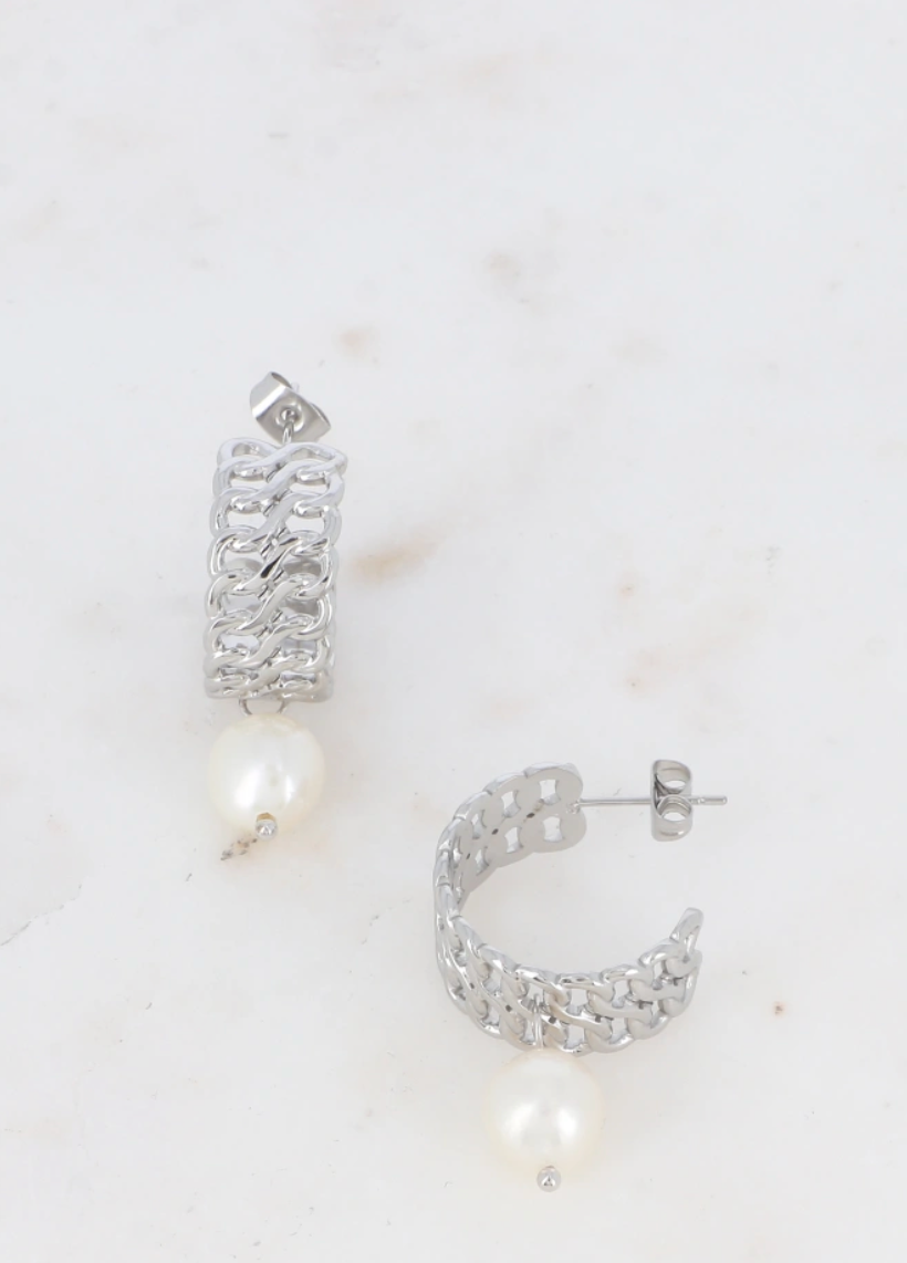 BO Créoles - anneau double maille - perle d'eau douce / Doré ou argenté