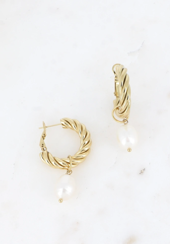 Créoles - anneau torsadé -  perle d'eau douce