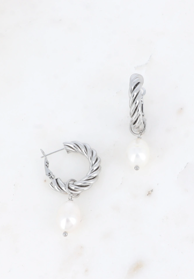 Créoles - anneau torsadé -  perle d'eau douce